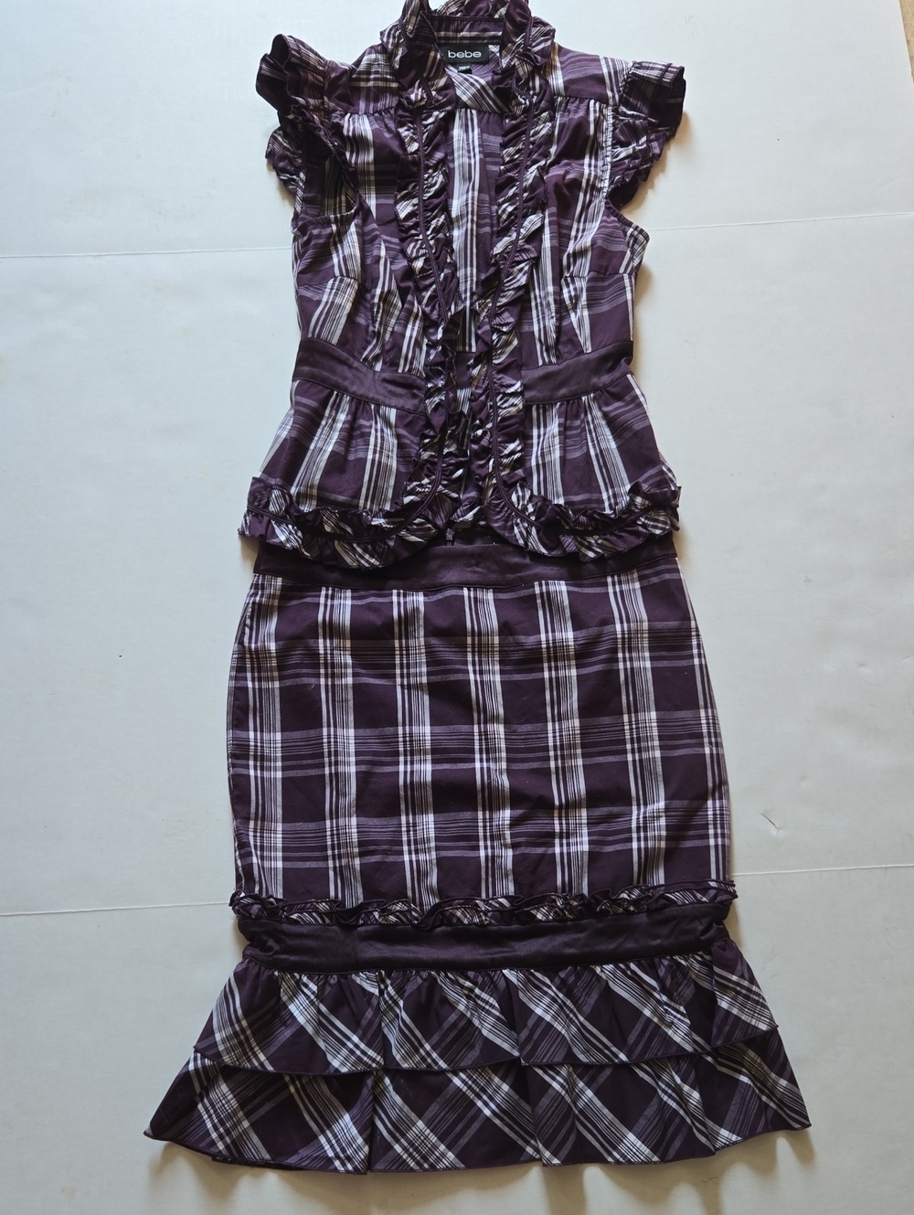 bebe Purple/White Plaid Ruffle Midi Skirt Set, Sizes XS and 4.